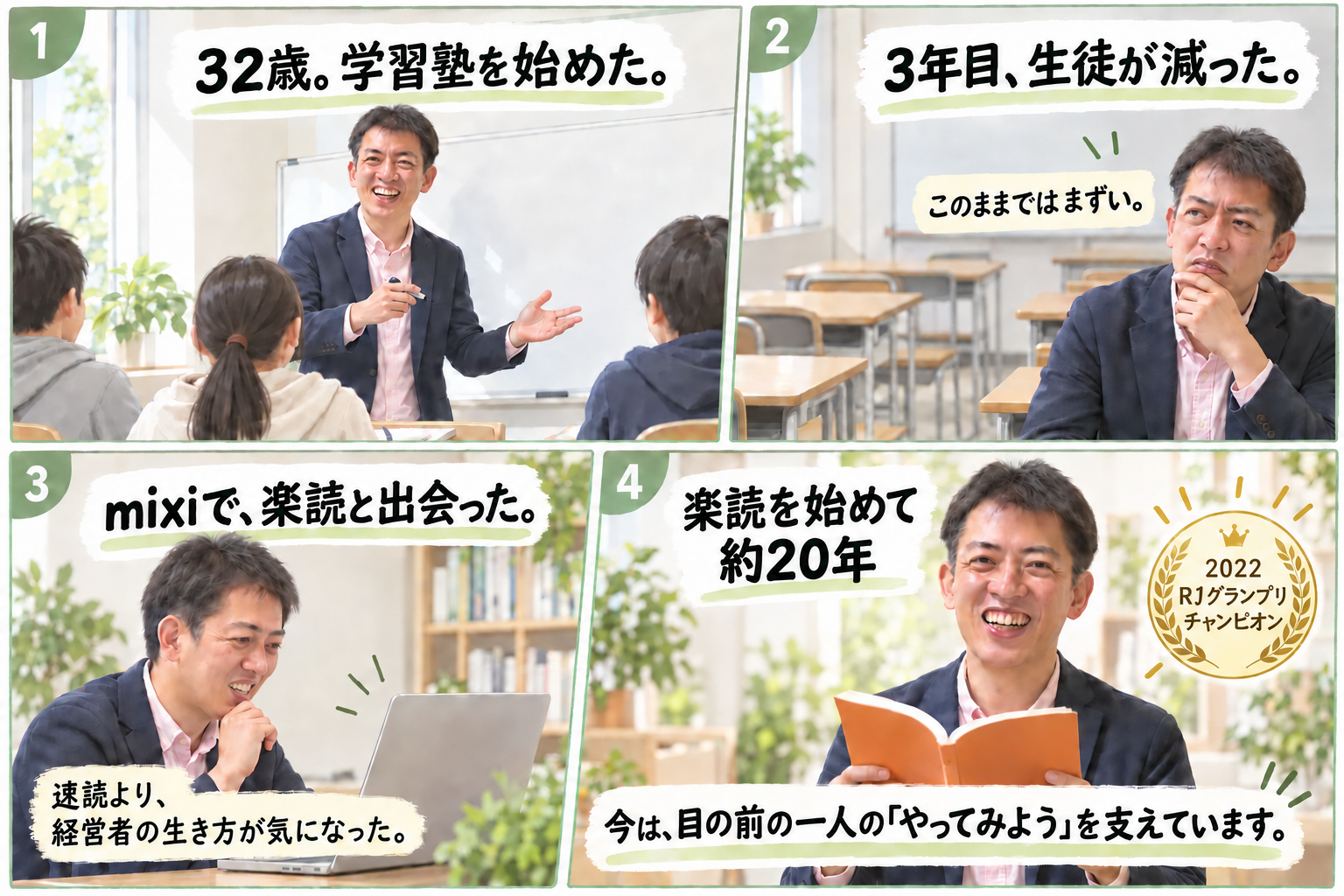 32歳で学習塾を始めた前田英志さんが、楽読と出会い、今は一人のやってみようを支えている経緯を描いたPC版漫画