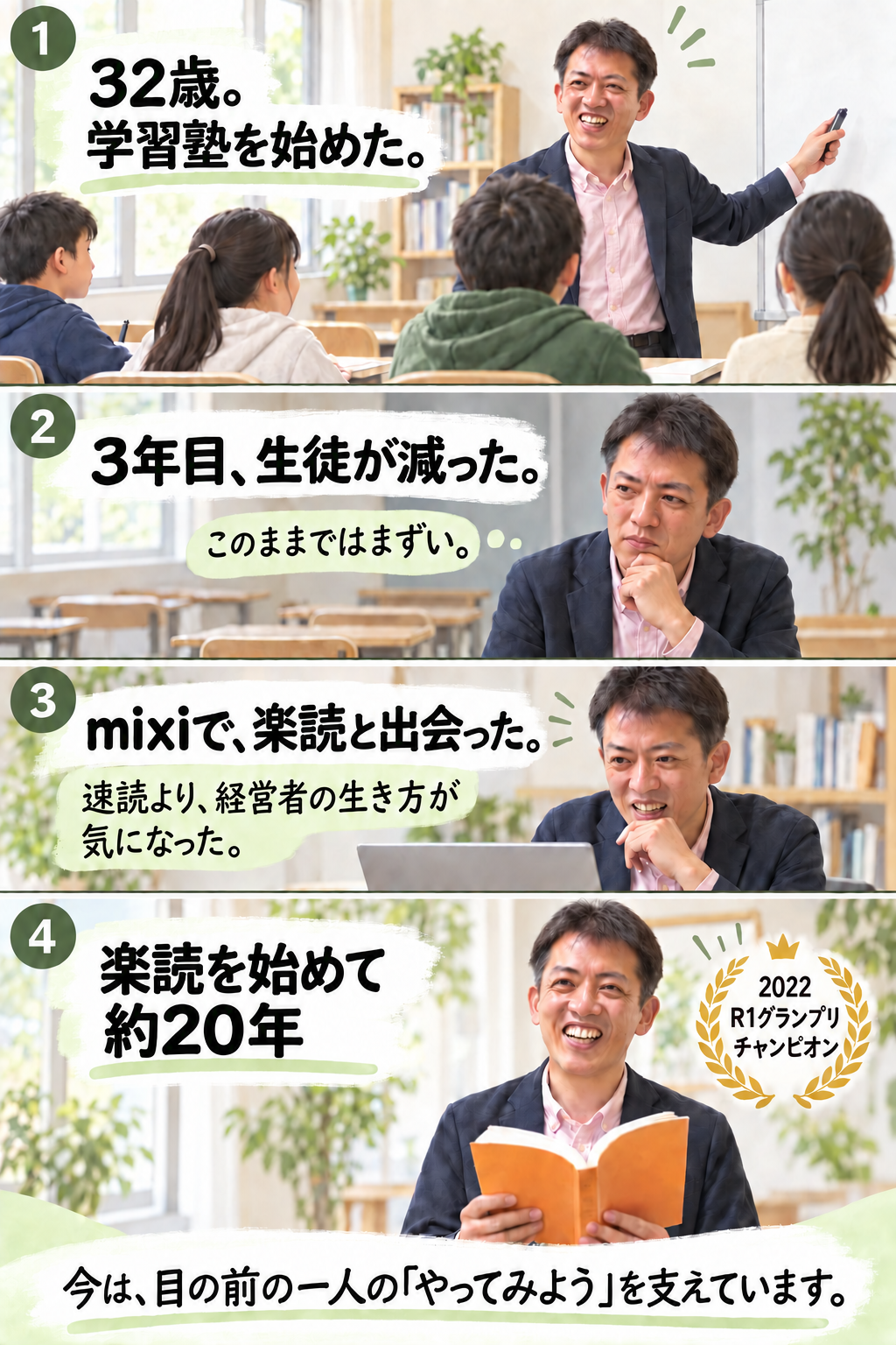 32歳で学習塾を始めた前田英志さんが、楽読と出会い、今は一人のやってみようを支えている経緯を描いたスマホ版漫画